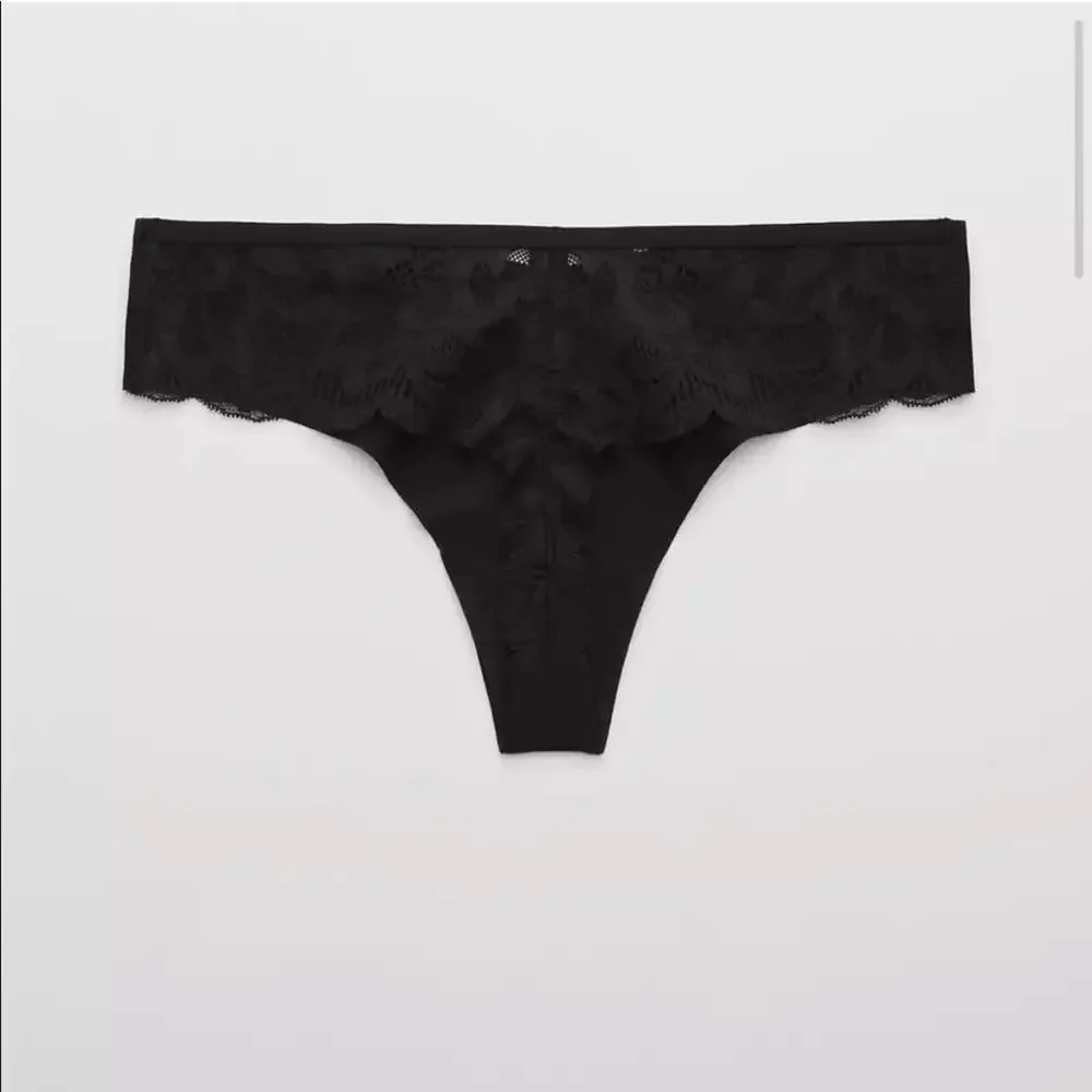 NEW NWT AERIE AEO Black Seamless No Show Sheer Lace Back Thong Panty Undies M